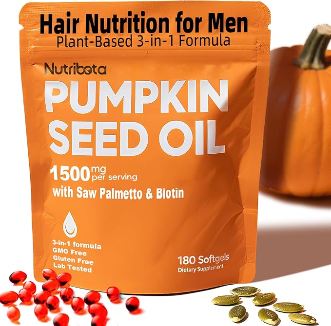 Pumpkin Seed Oil Supplement 1500 mg per Serving with Saw Palmetto &amp Biotin Advanced 3-in-1 Plant-Based Men’s Wellness &amp Hair Nutrition Formula Non-GMO Gluten Free Lab Tested Softgels