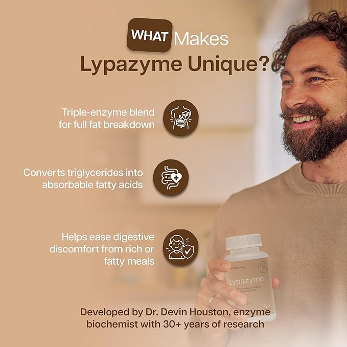 Houston Enzymes – Lypazyme Lipase Digestive Enzymes for Women and Men –120 Capsules – 3 Enzyme Blend for Complete Breakdown of Triglyceride Fats Enzyme for Digestion of High-Fat Meals &amp Fish Oil