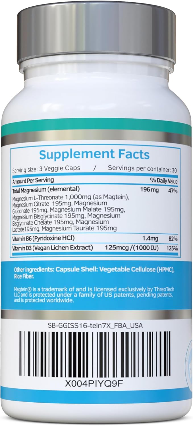 Magnesium L-Threonate Complex 7-in-1 with 1000mg of Magtein Plus Magnesium as Bisglycinate Taurate Citrate Gluconate Malate &amp Lactate - Supports Sleep - Vegan US Made and No Artificial Nastie