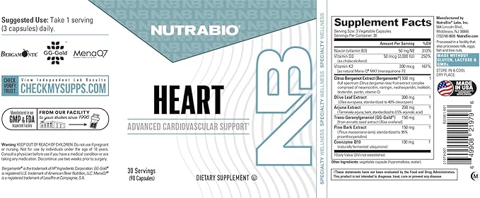 NutraBio Heart - Heart Health Supplements Cardiovascular Supplement Cholesterol Circulatory &amp Healthy Blood Pressure Support - 90 Capsules