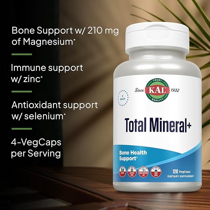 KAL Total Mineral Plus Capsules - Minerals and Trace Minerals for Strong Bones Immune Support w/Magnesium Glycinate Zinc Calcium Selenium Iron and More - Vegan Non-GMO Gluten-Free 30 Servings