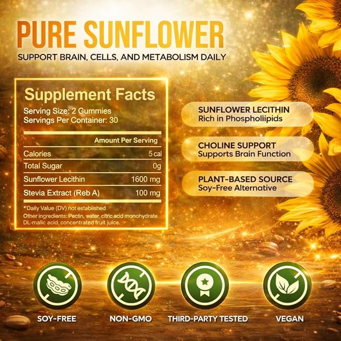 Sunflower Lecithin Extract Gummies 800mg - Vegan Non-GMO Soy-Free &amp Gluten-Free - Cognitive Health &amp Daily Nutrition - Easy-to-Digest Plant-Based Wellness Chews for Adults - 60 Chewables