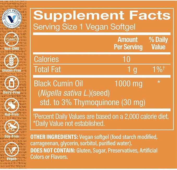 The Vitamin Shoppe Black Seed Oil 1000mg - Immune Health &amp Antioxidant | 3% Thymoquinone Cold-Pressed | 60 Vegan Softgels | Non-GMO
