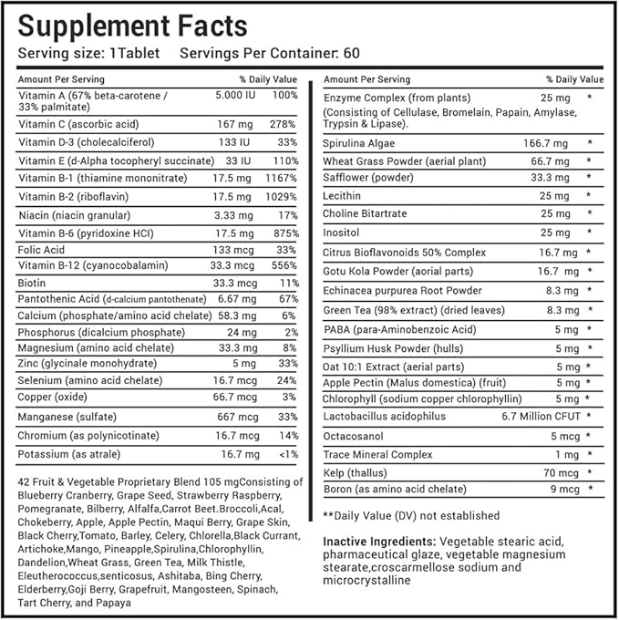 Performance Blend Best Multivitamin for Men Vitamin and Mineral Supplement with Probiotics Superfood Enzyme Blend for Optimized Heart Prostate Stamina Energy Non-GMO 60 Day Supply