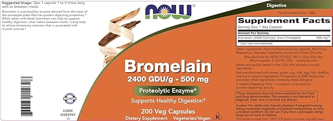 Now Bromelain 500 mg 200 Veg Capsules - Natural Pineapple Proteolytic Enzyme Supplement 2400 GDU