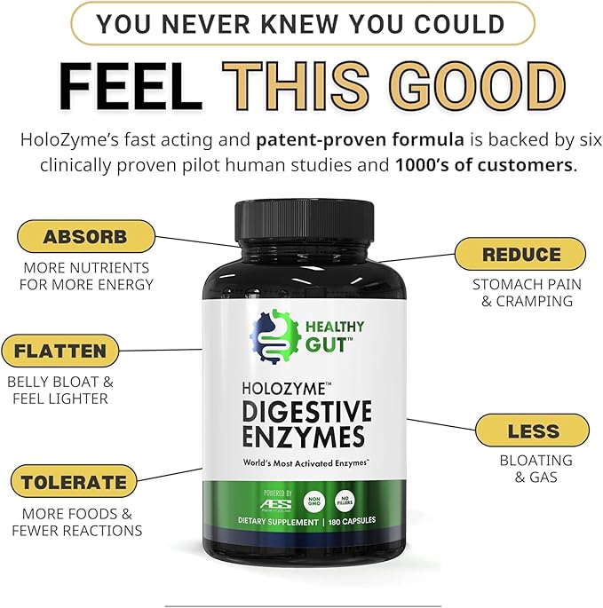 Healthy Gut HoloZyme Max Strength Digestive Enzymes | FODMAP-Friendly Formula Prevents Bloating Gas &amp Indigestion w/Protease Amylase Lipase Lactase and More | 90 Servings