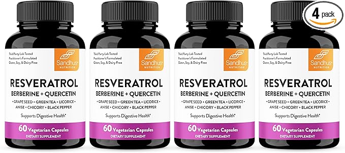 Resveratrol with Berberine Supplement For Gut Health Support | 240 Digestive Capsules For Women &amp Men | With Green Tea Extract Star Anise DGL Grape Seed Quercetin | Helps Ease Bloating &amp D