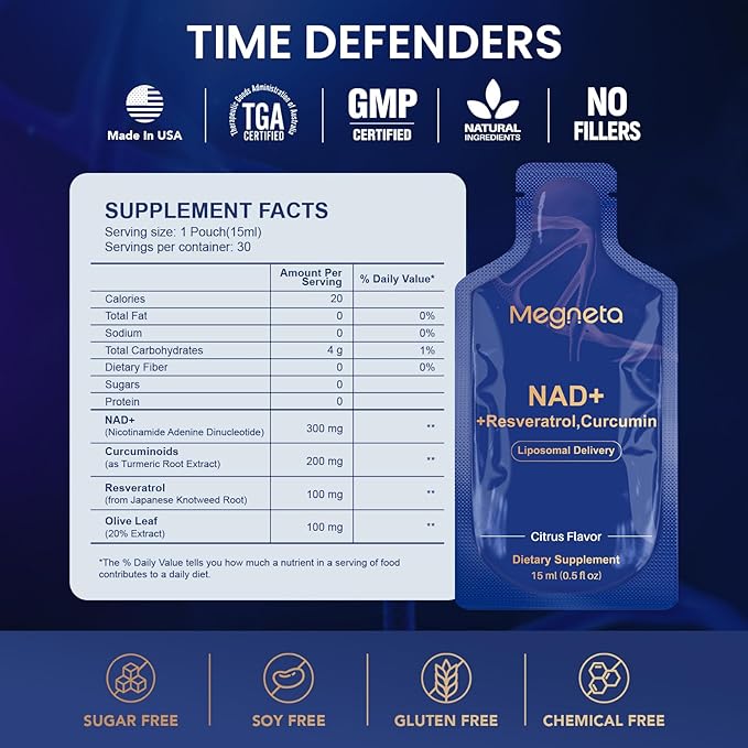 Liposomal NAD+ Supplement with Resveratrol Anti-Aging Energy Boost &amp Cellular Health Support 15.2 fl. oz NAD Liquid for Men &amp Women (30 Pouch)