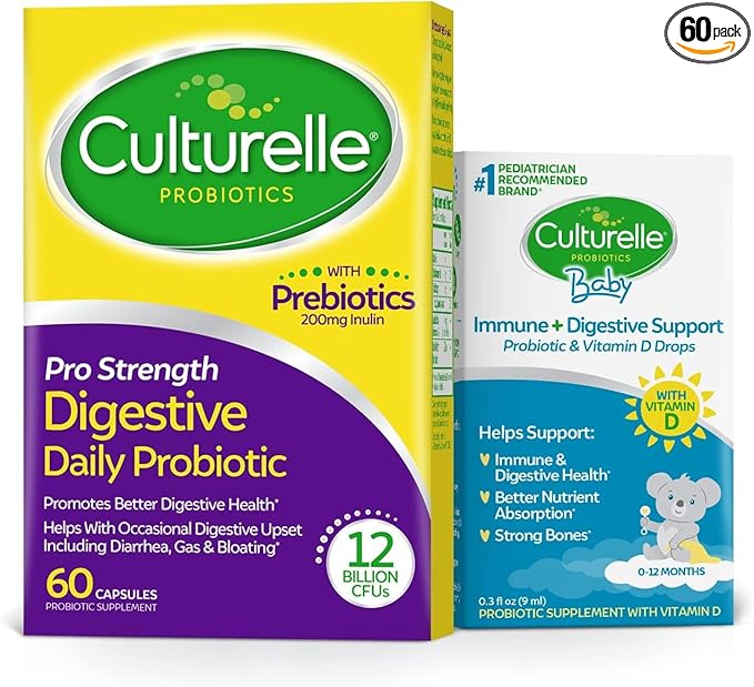 Culturelle Pro Strength Daily Probiotic Capsules Probiotics for Men &amp Women 60 Count 2 months + Culturelle Baby Immune &amp Digestive Support Probiotic + Vitamin D Drops 0-12 Months 30 Day Sup