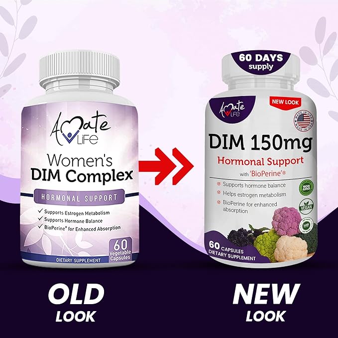 Women’s DIM Complex 150mg - Bioperine Estrogen Balancing Pills for Menopause &amp Hot Flashes Relief Support Hormonal Acne Powerful Supplement - Pack of 2 (60 Count per Bottle) Made in USA