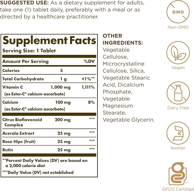Solgar Ester-C Plus 1000 mg Vitamin C (Ascorbate Complex) - 180 Tablets Pack of 2 - Gentle &amp Non Acidic - Supports Upper Respiratory Health - Non-GMO Gluten Free - 360 Total Servings