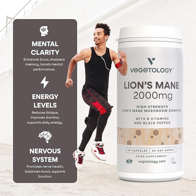 Lions Mane Supplement 2000mg High Strength Mushroom Complex with B Vitamins and Black Pepper Supports Mental Clarity Energy &amp Nervous System 60 Vegan Capsules Age 11+