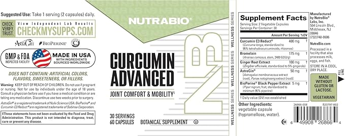 NutraBio Curcumin Advanced Digestion &amp Joint Support Complex with Bromelain and Ginger Root Extract 60 Vegetable Capsules