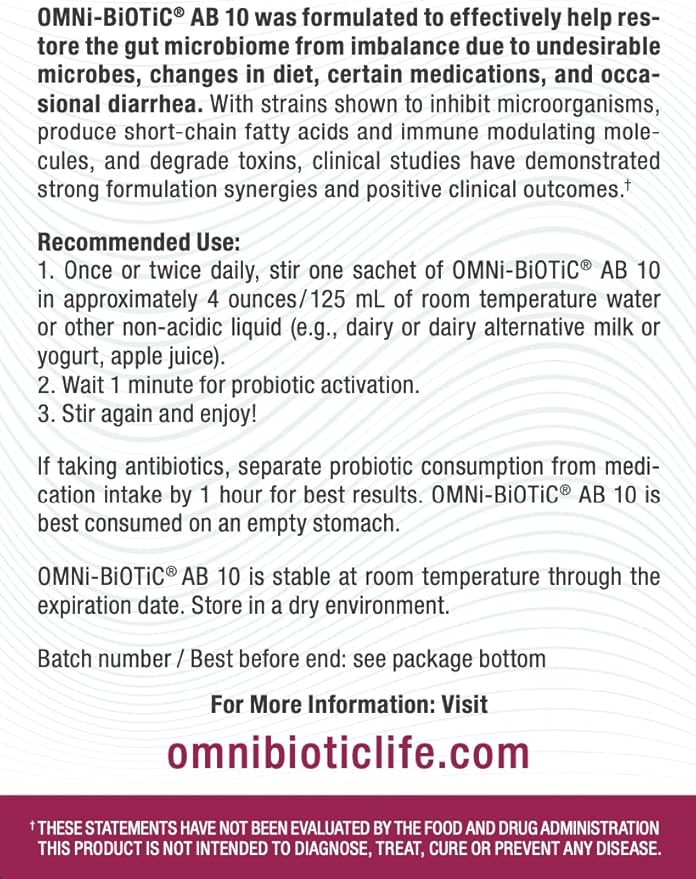 OMNi BiOTiC AB 10 - Clinically Tested Restorative Probiotic - Supports &amp Restores Gut Flora &amp Digestion - Digestive Probiotic for Diarrhea - Vegan Hypoallergenic Non-GMO (30 Daily Packets)