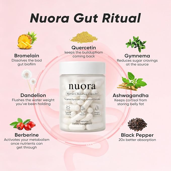 Nuora Gut Health Capsules with Berberine Nuora Gut Biofilm Probiotic Ritual Promotes Metabolism &amp Gut Health Vegan Non-GMO for Women 90 Capsules (1)