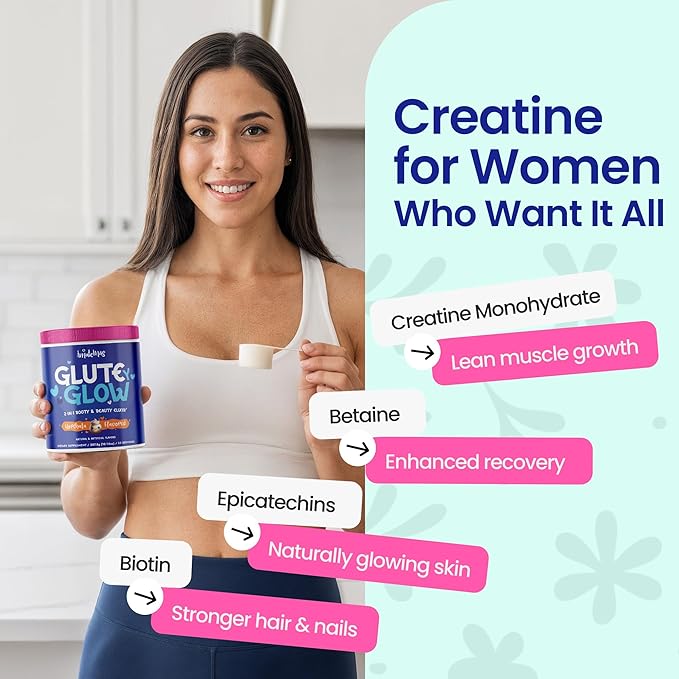 Glute Y Glow by Amatemas – Women's Creatine + Biotin Supplement for Muscle Growth Glute Support Hair Skin &amp Nails – Horchata Flavor – Energy Support – Lean Muscle – Daily Performance Blend