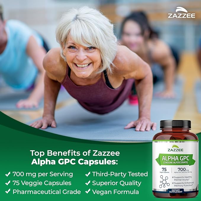Zazzee Extra Strength Alpha GPC Choline 700 mg per Serving 75 Vegan Capsules 100% Pure Pharmaceutical Grade 100% Vegetarian Standardized for Potency and Purity All-Natural and Non-GMO