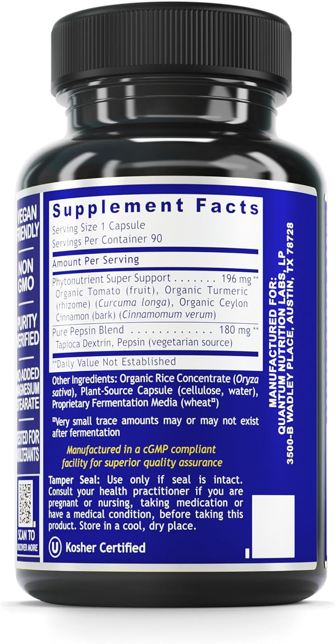 Quantum Nutrition Labs HCL Activator - Pepsin Digestive Enzymes Supplement for Optimal Digestive Function for Men &amp Women Low Stomach Acid Nutrient Absorption - 90 Vegetarian Capsules