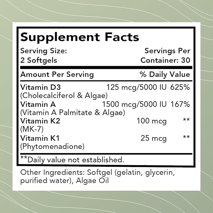 Optimal Health Systems Essential DAK1K2 | Vitamin D3 + A + K1 + K2 Immune Support Bone Health &amp Heart Health | Vitamin D w/MK-7 | 5000 IU | (Non-GMO Whole Food Gluten-Free) 60 Softgels