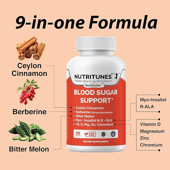 Ceylon Cinnamon &amp Berberine (Dihydroberberine) Supplement for Blood Sugar Support with Added Blood Sugar Complex Myo-Inositol Bitter Melon R-ALA VIT. D Chromium Magnesium &amp Zn– 90 NutriSulin C