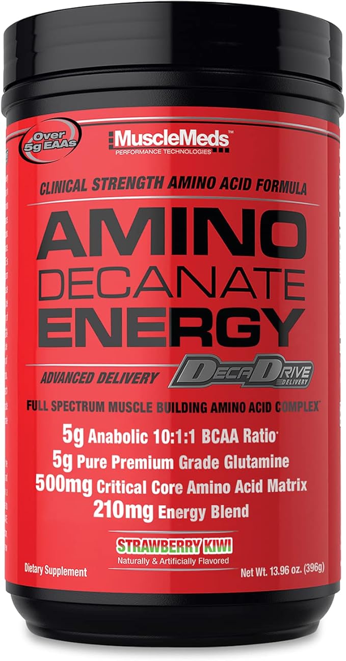 MuscleMeds Amino DECANATE Energy Pre Intra Workout Drink Essential Amino Acids BCAAs High Leucine Glutamine Muscle Recovery Strawberry Kiwi 30 Servings