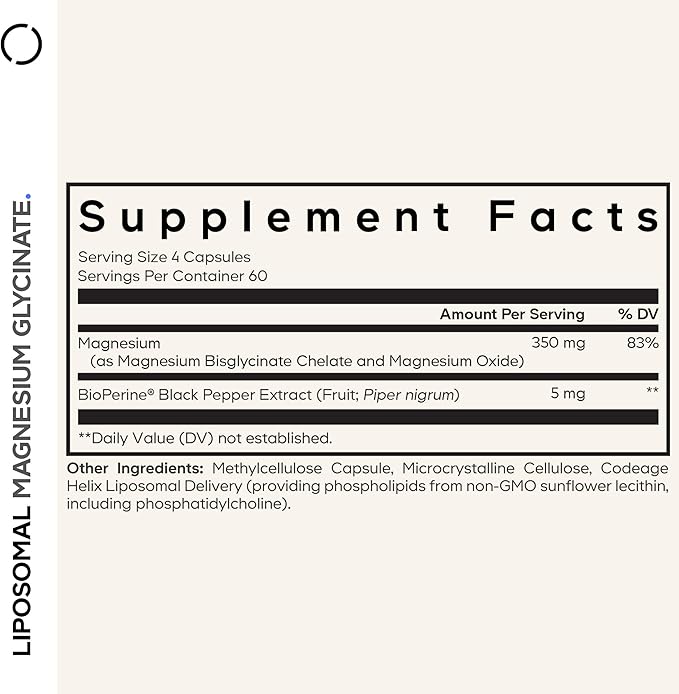 Codeage Liposomal Magnesium Glycinate Supplement 2-Month Supply Bisglycinate Magnesium Chelate Chelated Magnesium Mineral Pills BioPerine Black Pepper Vitamins Capsules Non-GMO Vegan 240 ct