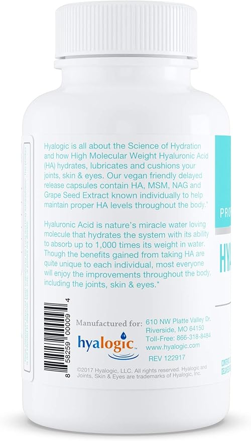 Hyalogic Hyaluronic Acid Delayed Release Capsules | Combo Formula w/Glucosamine MSM | Support Healthy Joints Eyes and Skin and Overall Body | Promote Healthy Skin | 120 mg | Non-GMO (30 Count)