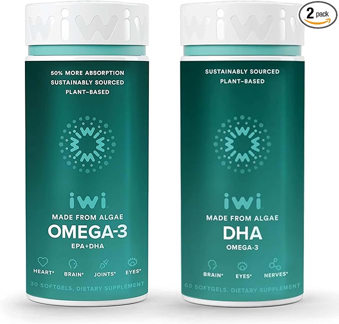 Iwi Omega-3 &amp DHA Omega-3 Bundle 30 Servings Vegan Plant-Based Algae Omega 3 Krill &amp Fish Oil Alternative No Fishy Aftertaste