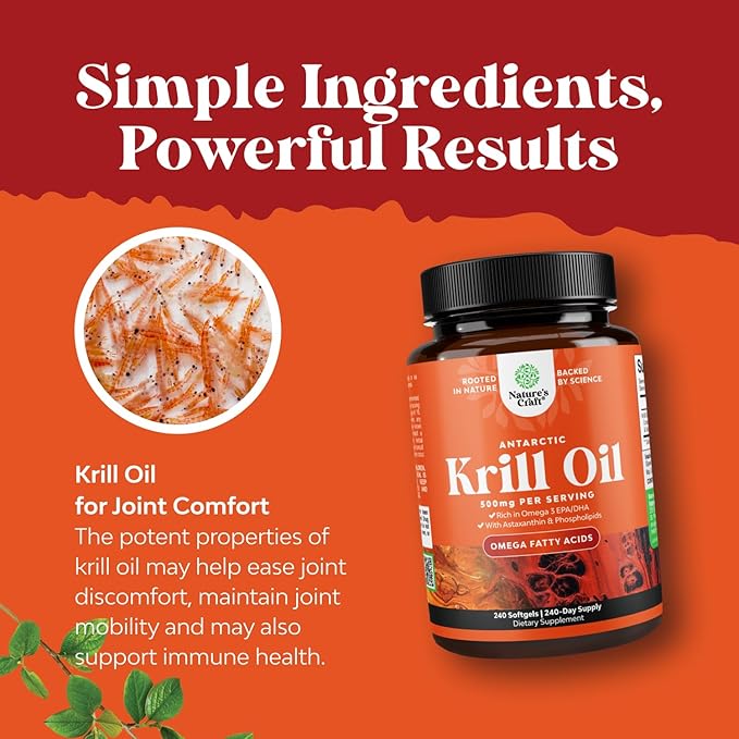 Antarctic Krill Oil Softgels - Omega 3 Krill Oil Supplement with EPA DHA &amp Astaxanthin for Brain &amp Healthy Heart Health - No Gluten GMOs or Fishy Aftertaste - 240 Count