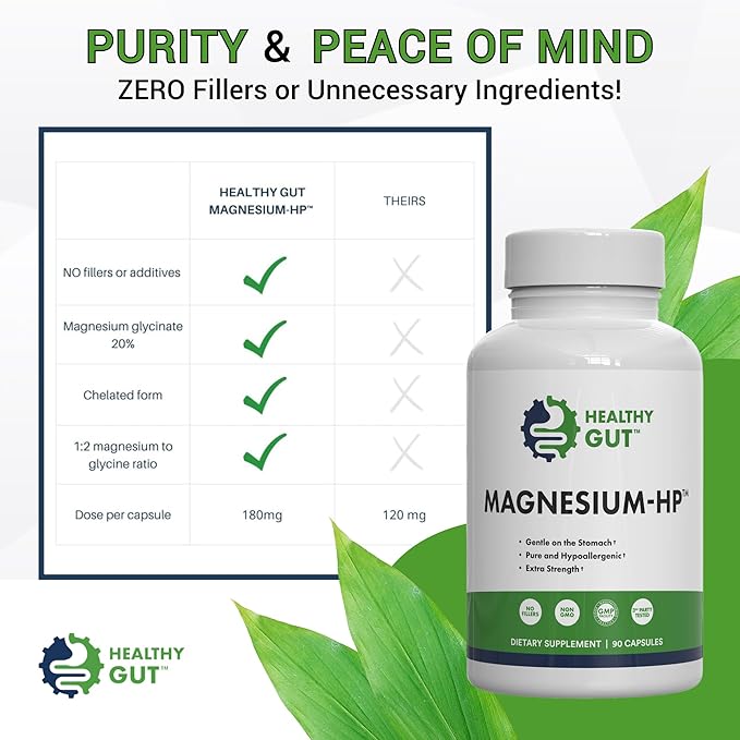 Healthy Gut Magnesium-HP | Ultra Pure Magnesium Glycinate Capsules with Zero Fillers | 180 mg Magnesium Glycinate | 90 Servings
