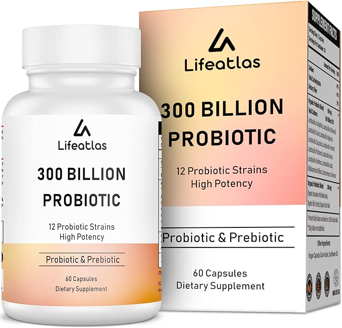 Lifeatlas 300 Billion CFU Probiotics - Probiotics for Women and Men 12 Probiotic Strains Plus Prebiotic for Immune &amp Digestive Gut Health Gas Bloating Shelf Stable - 60 Caps