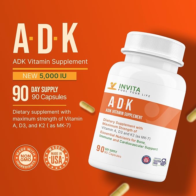 INVITA ADK Vitamin Supplement – 90 Capsules – High Potency of Vitamin A D3 5000 IU &amp K2-MK7 – Physician Formulated for Bone Heart &amp Immune Support – Non-GMO Gluten Free (3-Month Supply)