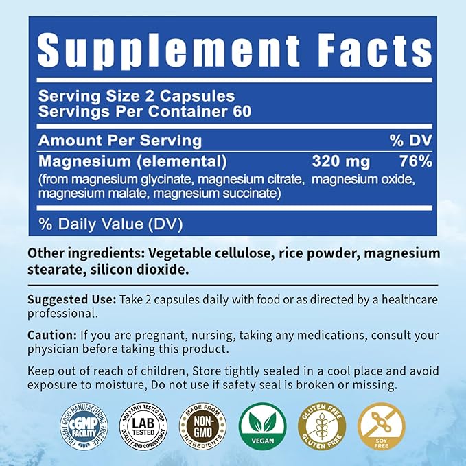 5-in-1 Magnesium Complex | 320mg of Magnesium Glycinate Malate Citrate… | Support for Sleep Muscle Relaxation and Energy Metabolism | High Absorption | Vegan Non-GMO | 120 Capsules (2 Packs)