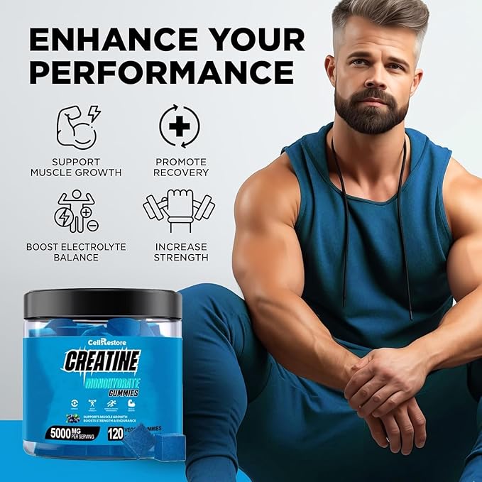 Creatine Monohydrate Gummies for Men &amp Women-5g of Creatine Monohydrate per Serving- Help Increase Strength and Build MuscleSugar FreeVeganBlueberry Flavor 120 Count