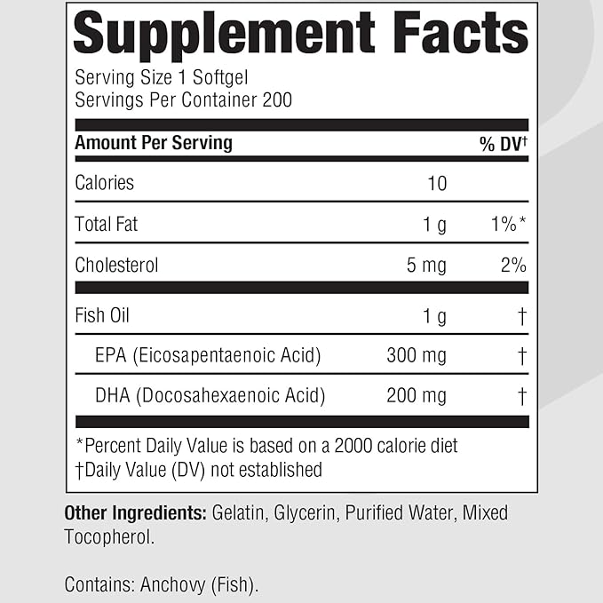 EPA DHA Omega 3 Supplement 300 mg EPA 200 mg DHA Per Serving | Fish Oil Omega 3 Fatty Acids for Women &amp Men High EPA Fish Oil EFA Support Cardiovascular and Brain Health Non-GMO 200 Softgels