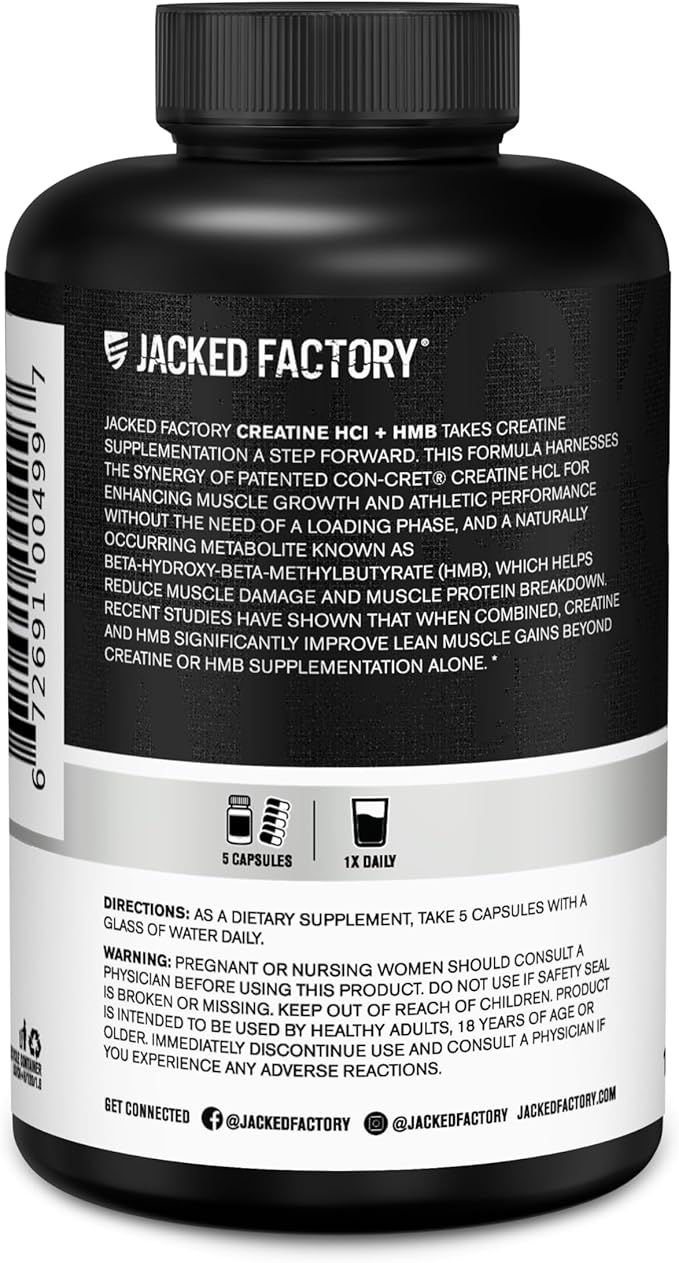Jacked Factory Creatine HCL + HMB Capsules - Synergistic CON-CRET myHMB &amp Vitamin D Formula for Improved Growth Strength &amp Reduced Muscle Breakdown - 150 Capsules