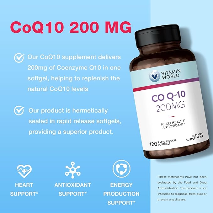 Vitamin World CoQ10 200 mg Softgels Coenzyme Q10 Supplements for Antioxidant Support Heart Health &amp Energy Production Gluten Free 120 Rapid Release Softgels