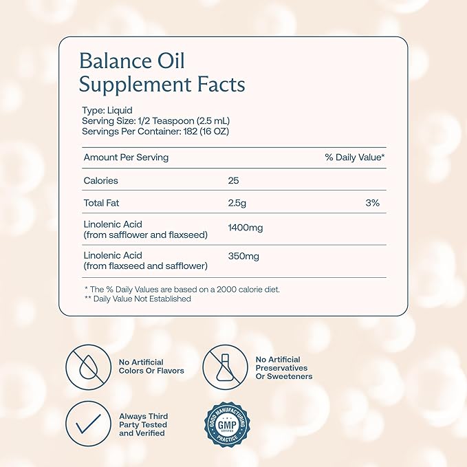 BodyBio Balance Oil - Vegan Omega 3 6 Supplement – Cold-Pressed Safflower &amp Flaxseed Oil – Supports Brain Function Healthy Skin and Mood