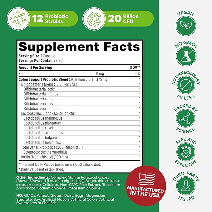 Probulin Colon Support Daily Probiotic + Prebiotic + Support Gut Health Occasional Gas and Bloating - 20 Billion CFU - 12 Strains 30 Vegan Capsules