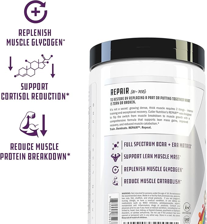 Repair Post Workout Recovery Drink: Fast Absorbing Carbohydrates (Waxy Maize + Cluster Dextrin) and BCAA/EAA for Advanced Muscle Recovery Sour Rainbow Candy 20 Servings
