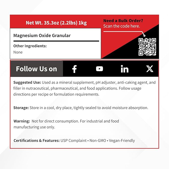 Magnesium Oxide USP Granular - 1 kg (2.2 lb) – Ingredient for Supplement and Personal Care Formulations
