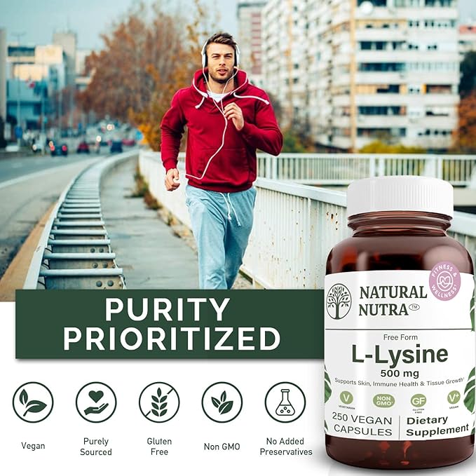 Natural Nutra L Lysine HCl Promotes Bone Health and Growth Support Skin Health Improve Vitamin C Absorption Helps Built Collagen Improve Calcium Absorption Non-GMO Vegan 500 mg 250 Capsules.