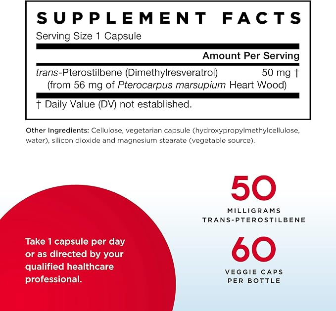 Jarrow Formulas trans-Pterostilbene 50 Milligrams Per Serving 60 Vegetarian Capsules. Pack of 2 bottles