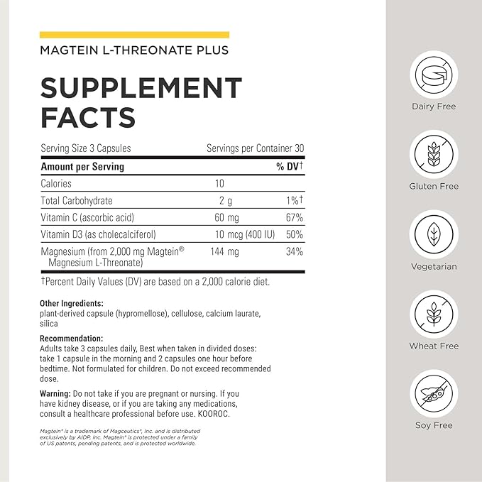 Integrative Therapeutics Magtein L-Threonate Plus - Cognitive Function Supplement to Support Short-Term Memory* - Includes Vitamins C D3 &amp Magnesium - Dairy &amp Gluten-Free - 90 Capsules (30 Se