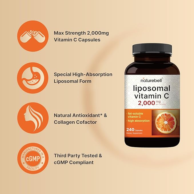 NatureBell Liposomal Vitamin C 2000mg Per Serving 240 Capsules | High Absorption Fat-Soluble Vitamins – Max Strength Antioxidant* Supplement – Non-GMO Gluten Free