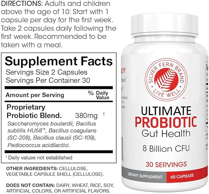 Silver Fern Brand Gut Health Tune Up Kit - Multi Function Ultimate Probiotic (1 Bottle - 60 Capsules) &amp Digestive Enzyme (1 Bottle = 90 Capsules) Helps Digestive Health Mood Reduce Cravings