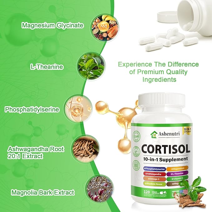 Ashenutri 10-in-1 Cortisol Supplement with MagnesiumAshwagandhaRhodiola RoseaL TheanineHormone Balance for Women 120 Vegan Capsules