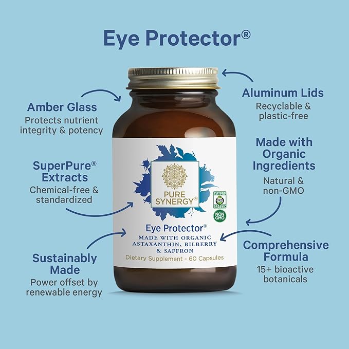 PURE SYNERGY Eye Protector | 100% Natural Vegan Eye Health Supplement | with Organic Astaxanthin Lutein &amp Zeaxanthin | for Healthy Vision (60 Capsules)