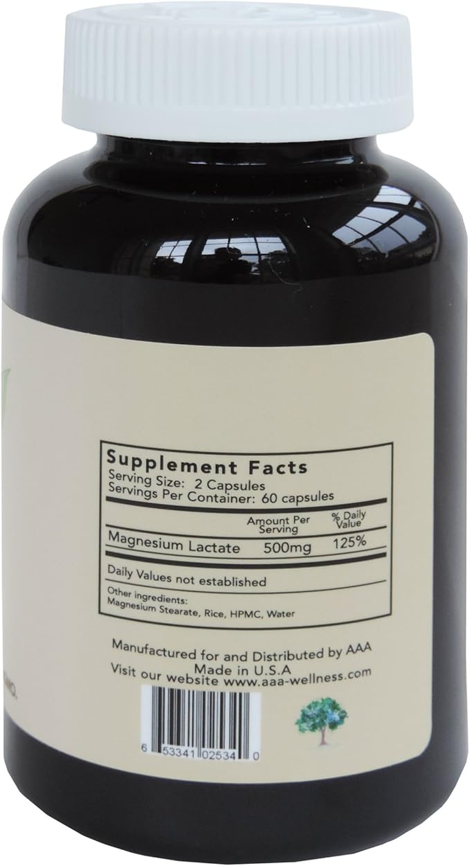 Magnesium Lactate 500 mg per Serving 120 Easy to Swallow Small Vegetarian Capsules. Gluten Free. Doctor formulated. Highly bioavailable Formulation. High Absorption. Made in USA.