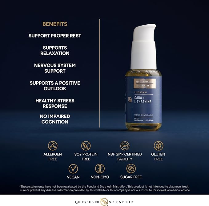 Quicksilver Scientific Liposomal GABA + L Theanine - Calm Stress Response &amp Brain Support - Bioavailable GABA Supplement with L Theanine 100mg (1.7oz/50ml)